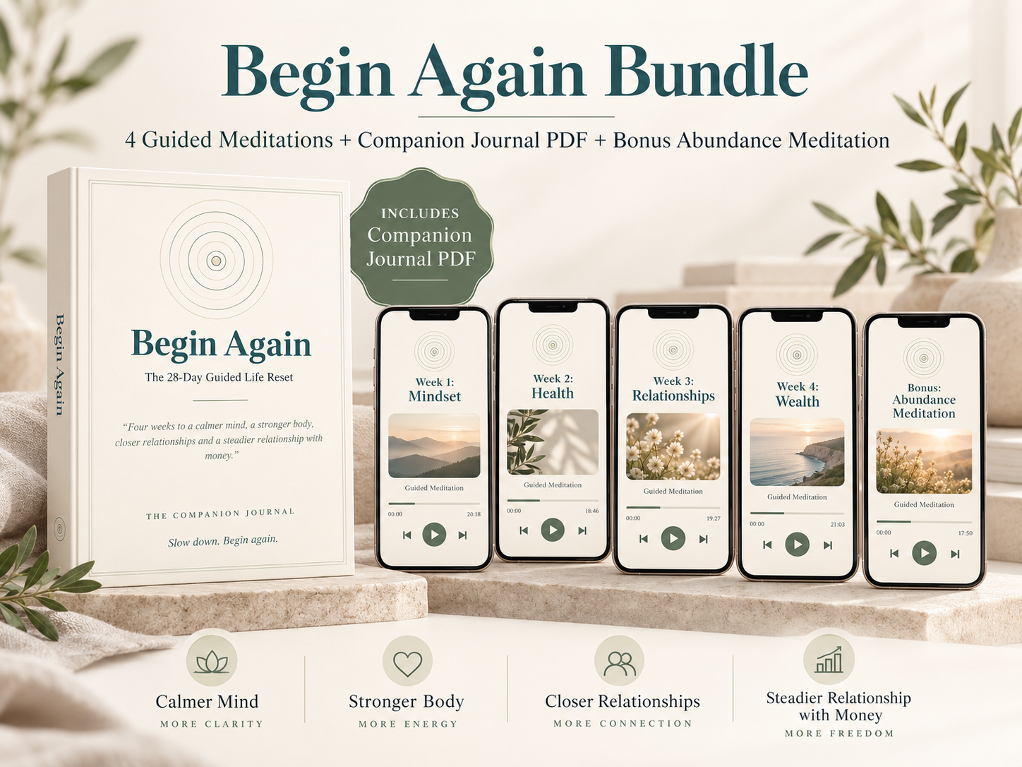 Begin Again bundle: the companion journal next to five audio meditations on phones — Week 1 Mindset, Week 2 Health, Week 3 Relationships, Week 4 Wealth and the bonus Abundance Meditation